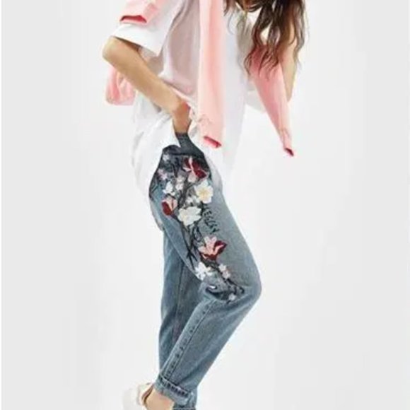 Topshop Blue Floral Embroidered Straight Leg Jeans - Picture 2 of 3